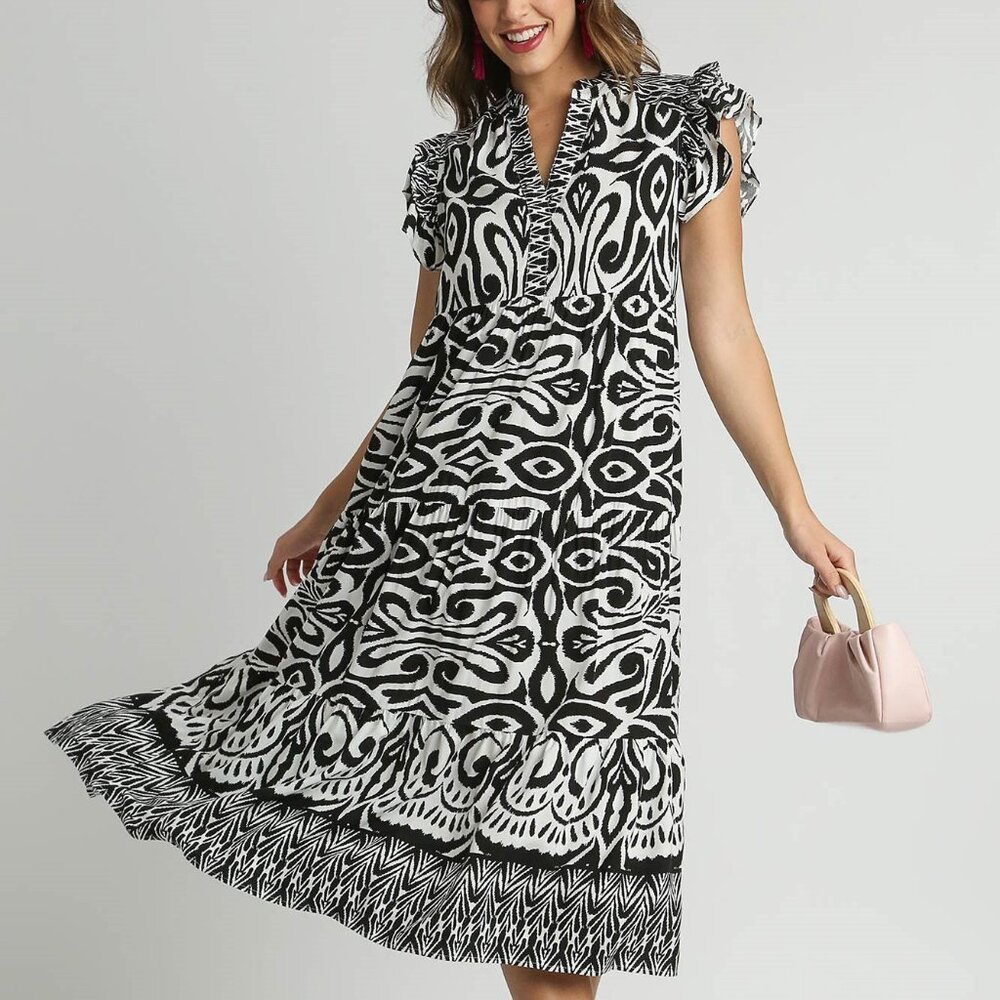 Umgee Full Size Two Tone Border Print Ruffle Cap Sleeve Midi Dress🆕